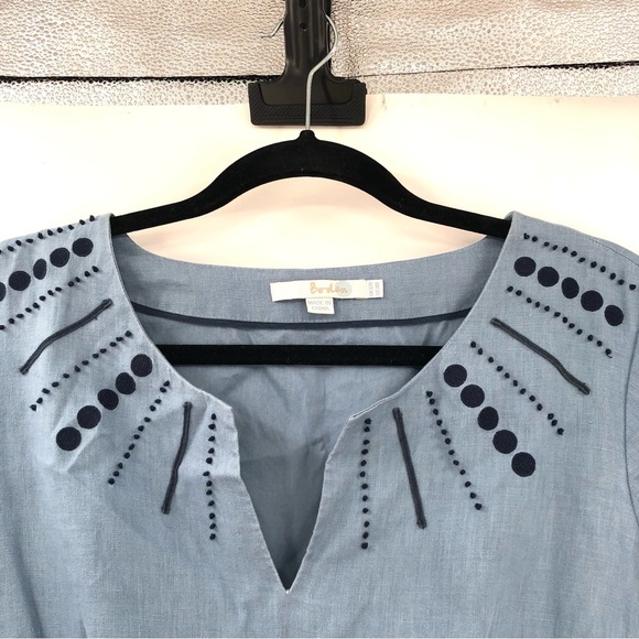 BODEN Sorrento 100% Linen Dress 8 Embroidered Applique Blue Short Sleeve WH455 - Picture 3 of 11